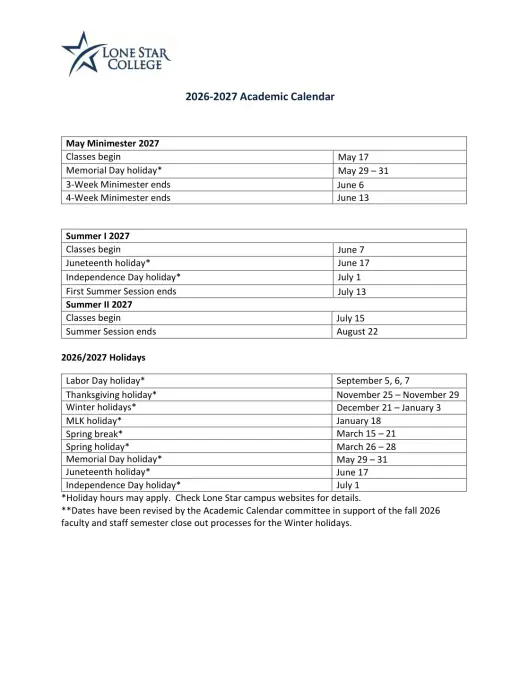 Lone Star School District 2026–2027 Academic Calendar Page 1