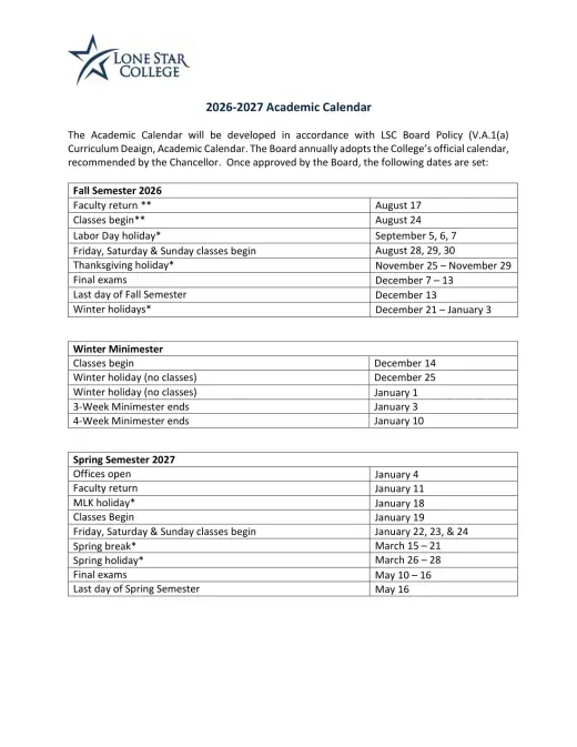 Lone Star School District 2026–2027 Academic Calendar Page 2