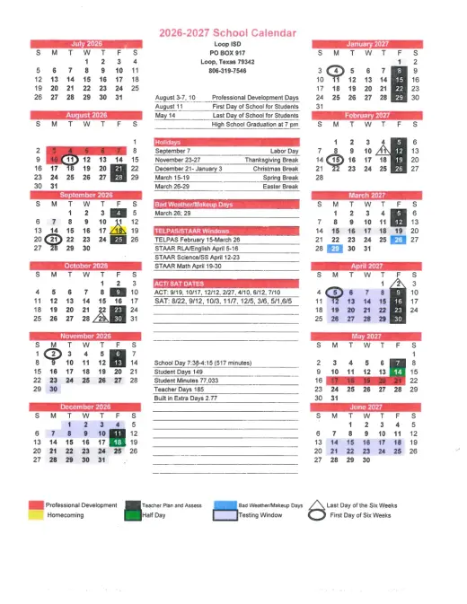 Loop ISD 2026–2027 Academic Calendar Page 1
