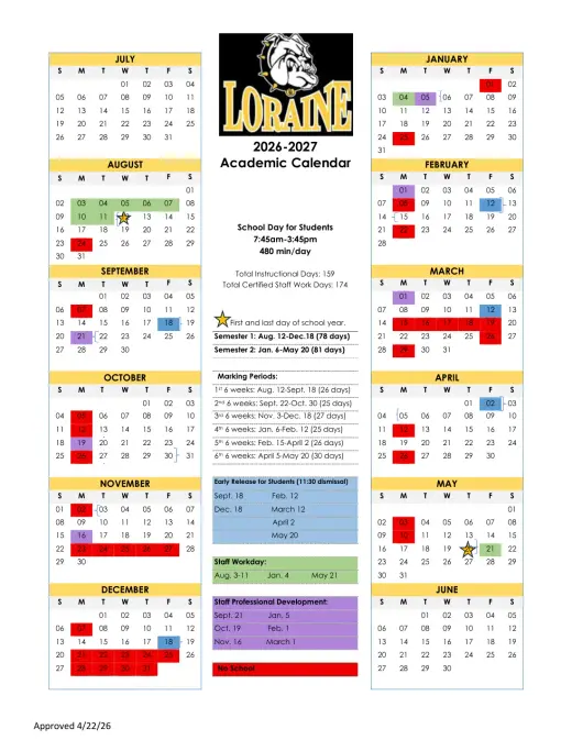Loraine ISD 2026–2027 Academic Calendar Page 1