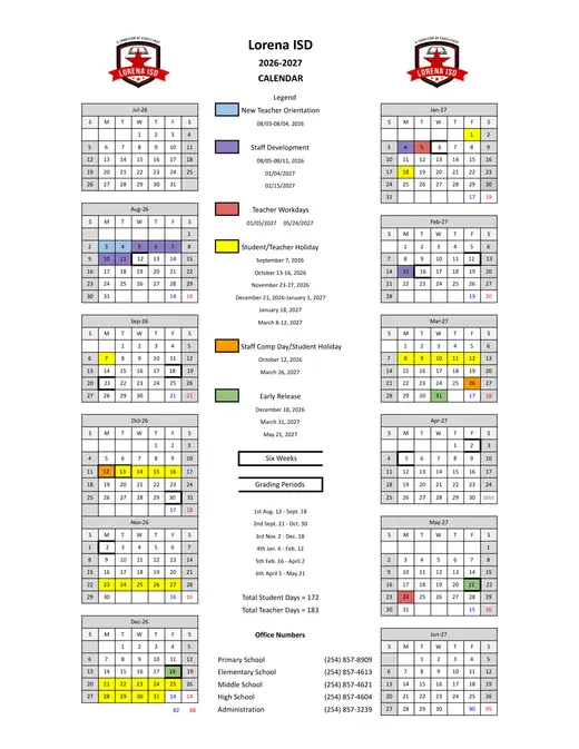 Lorena ISD 2026–2027 Academic Calendar