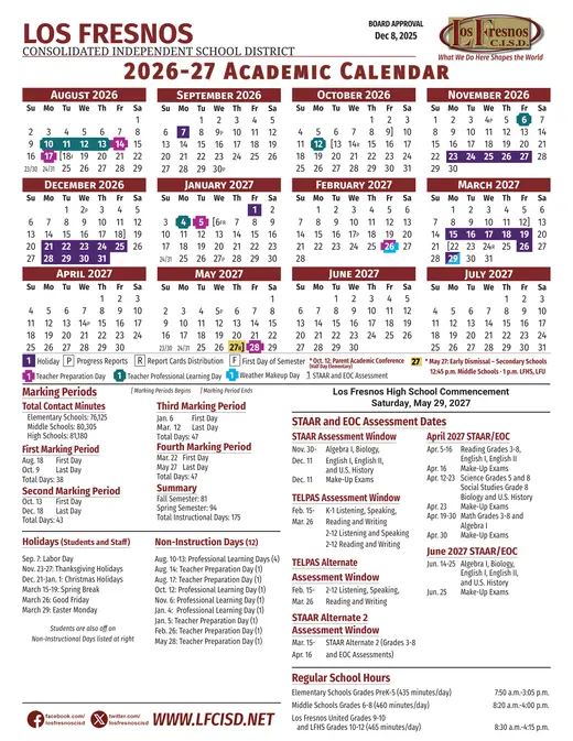 Los Fresnos Consolidated Independent School District 2026–2027 Academic Calendar