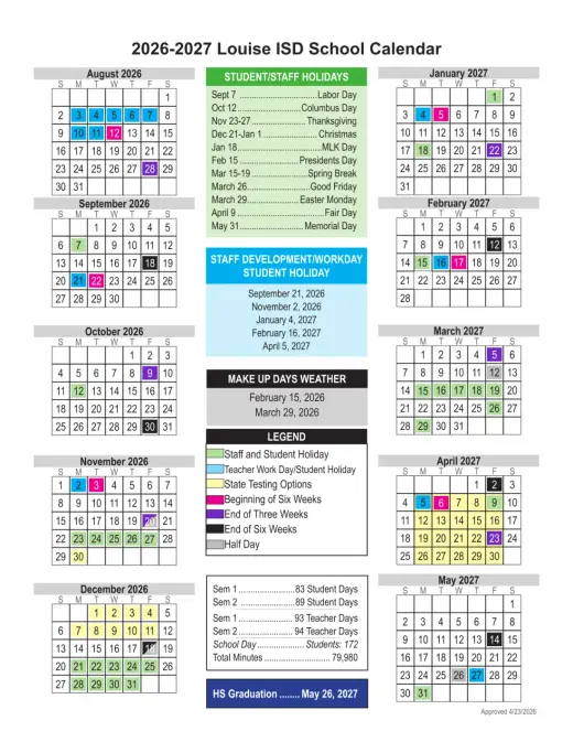 Louise ISD 2026–2027 Academic Calendar Page 1