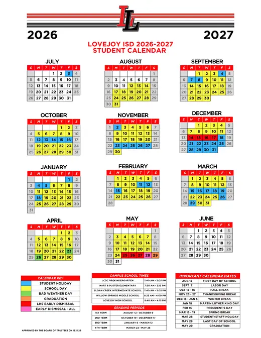 Lovejoy ISD 2026–2027 Academic Calendar