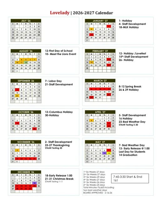 Lovelady ISD 2026–2027 Academic Calendar Page 1