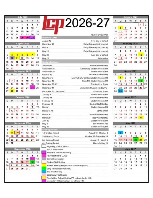 Lubbock-Cooper ISD 2026–2027 Academic Calendar Page 1