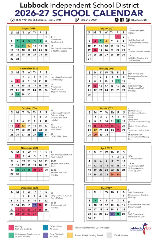 Lubbock Independent School District 2026–2027 Academic Calendar