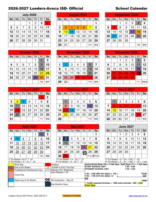 Lueders-Avoca ISD 2026–2027 Academic Calendar Page 1