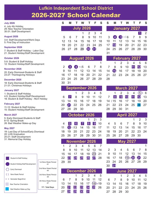 Lufkin Independent School District 2026–2027 Academic Calendar