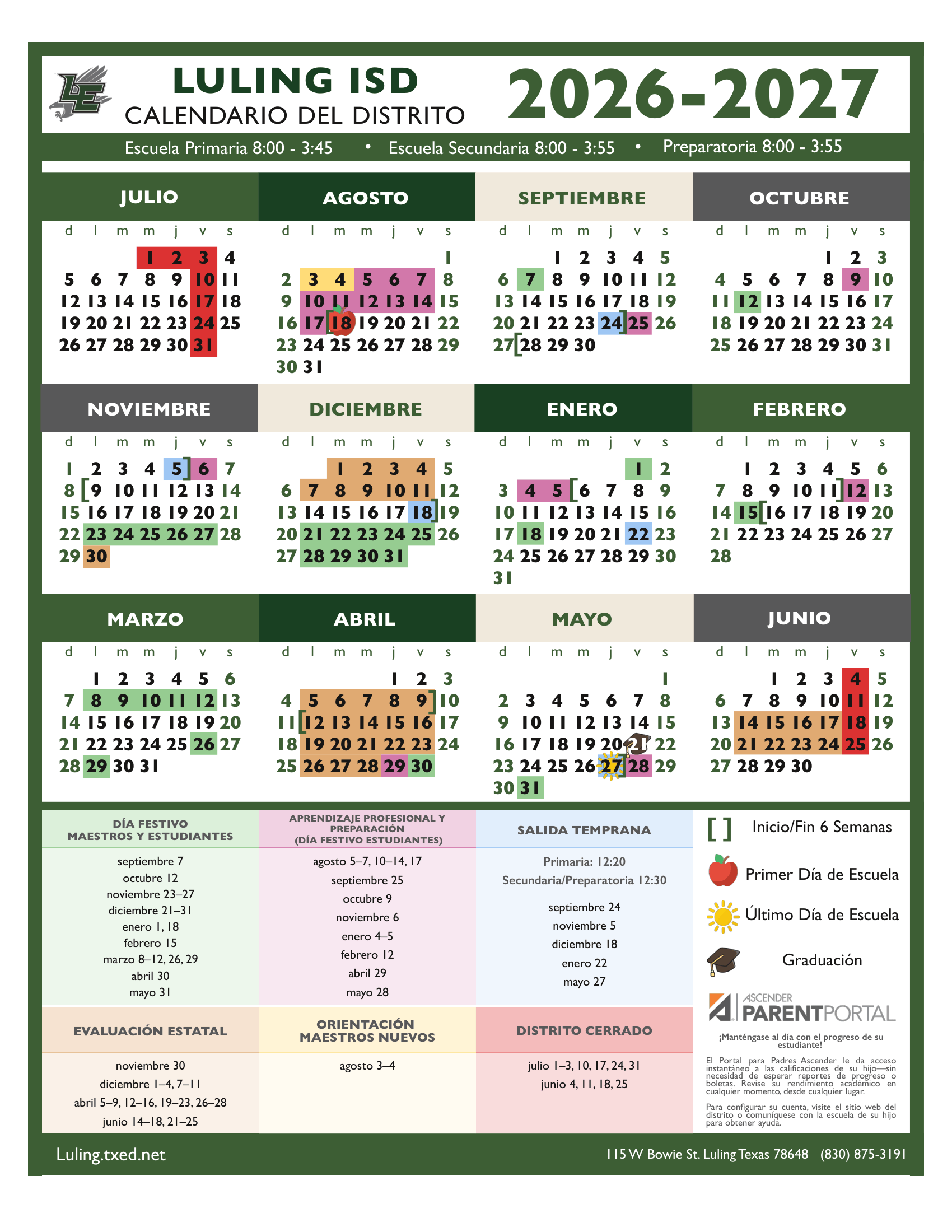 Luling ISD 2026–2027 Academic Calendar Page 2