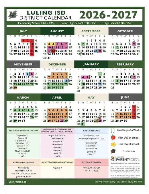 Luling ISD 2026–2027 Academic Calendar Page 1