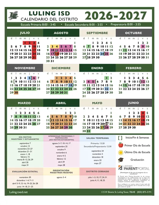 Luling ISD 2026–2027 Academic Calendar Page 2