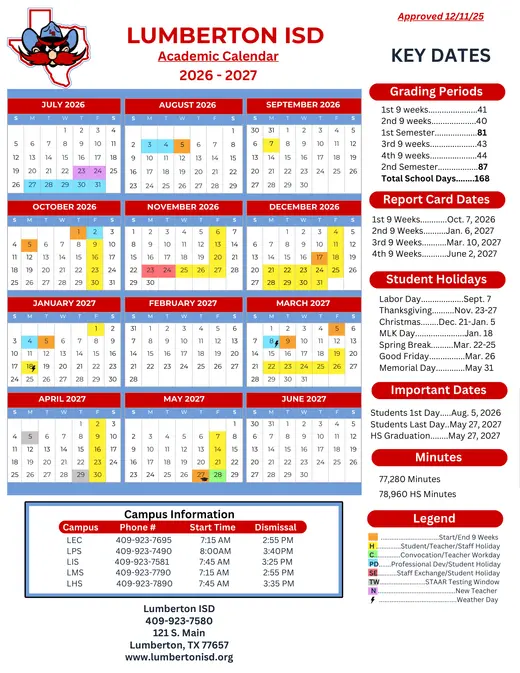 Lumberton ISD 2026–2027 Academic Calendar