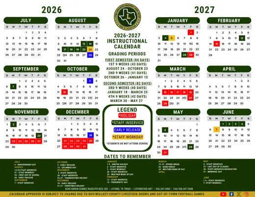 Lyford Consolidated Independent School District 2026–2027 Academic Calendar