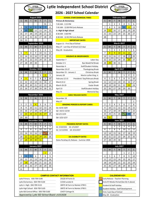 Lytle Independent School District 2026–2027 Academic Calendar