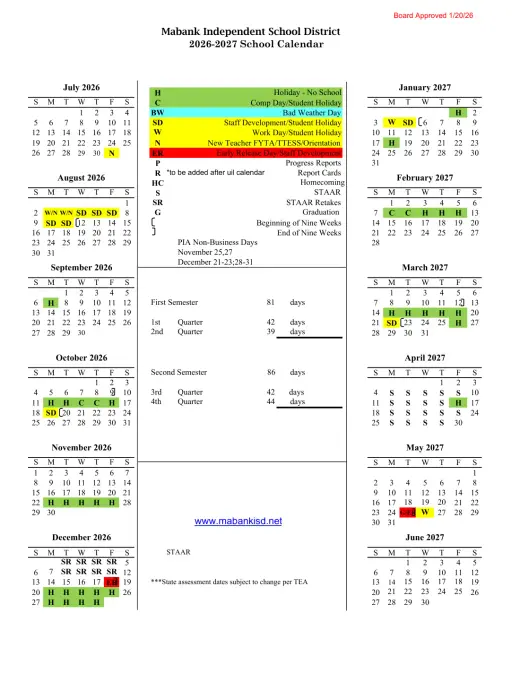 Mabank ISD 2026–2027 Academic Calendar Page 1