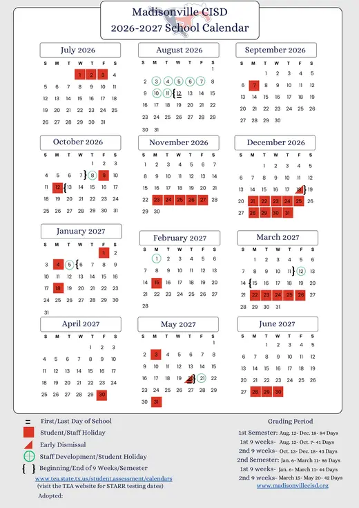 Madisonville CISD 2026–2027 Academic Calendar