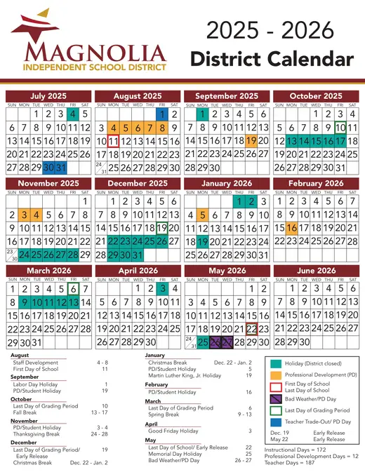 Magnolia Independent School District 2025–2026 Academic Calendar Page 1