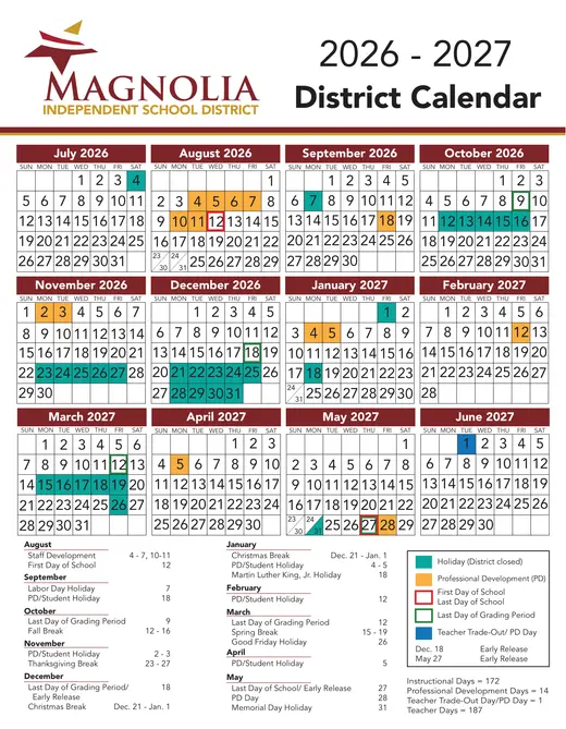Magnolia Independent School District 2025–2026 Academic Calendar Page 2