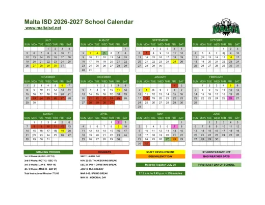 Malta ISD 2026–2027 Academic Calendar Page 1