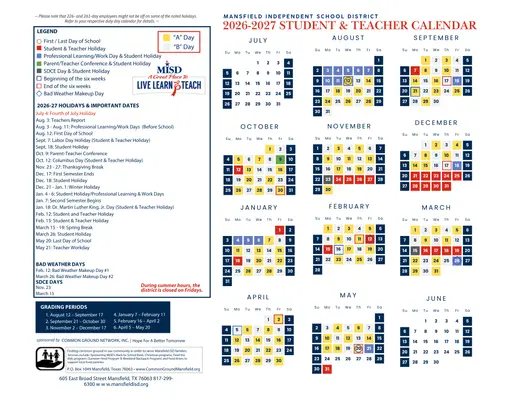 Mansfield Independent School District 2026–2027 Academic Calendar
