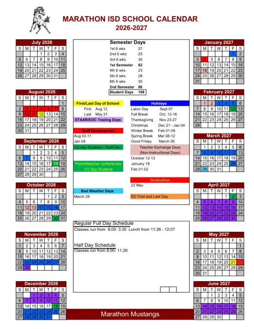 Marathon ISD 2026–2027 Academic Calendar Page 2