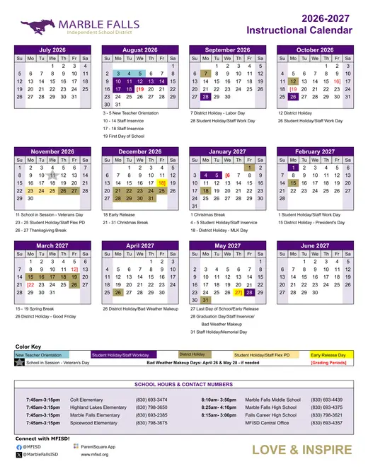Marble Falls Independent School District 2026–2027 Academic Calendar