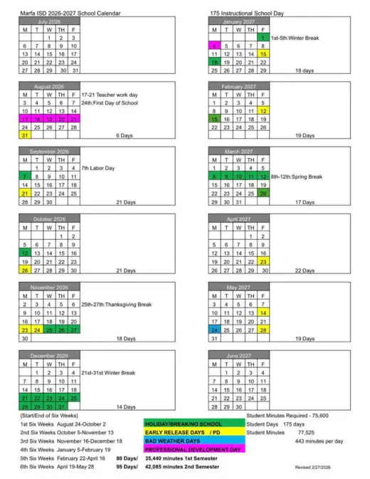 Marfa ISD 2026–2027 Academic Calendar Page 1