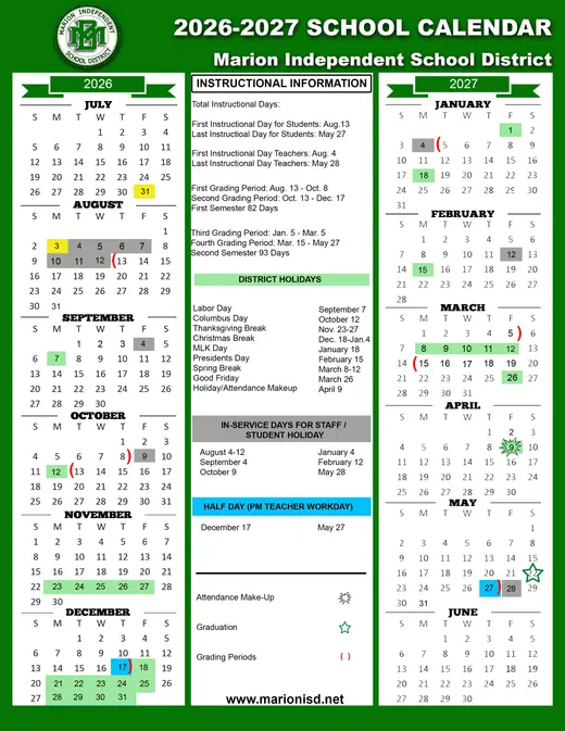 Marion Independent School District 2026–2027 Academic Calendar Page 1