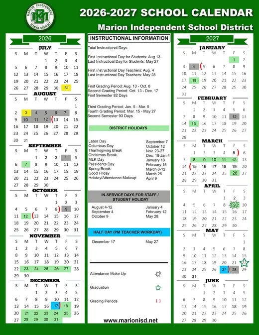 Marion Independent School District 2026–2027 Academic Calendar Page 2