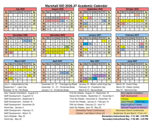 Marshall ISD 2026–2027 Academic Calendar Page 2