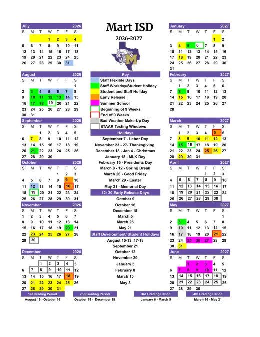 Mart ISD 2026–2027 Academic Calendar Page 2