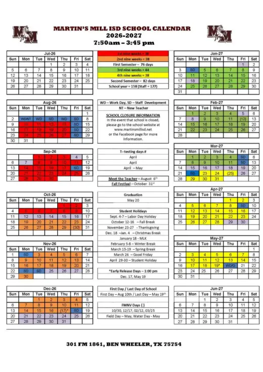 Martins Mill ISD 2026–2027 Academic Calendar Page 1