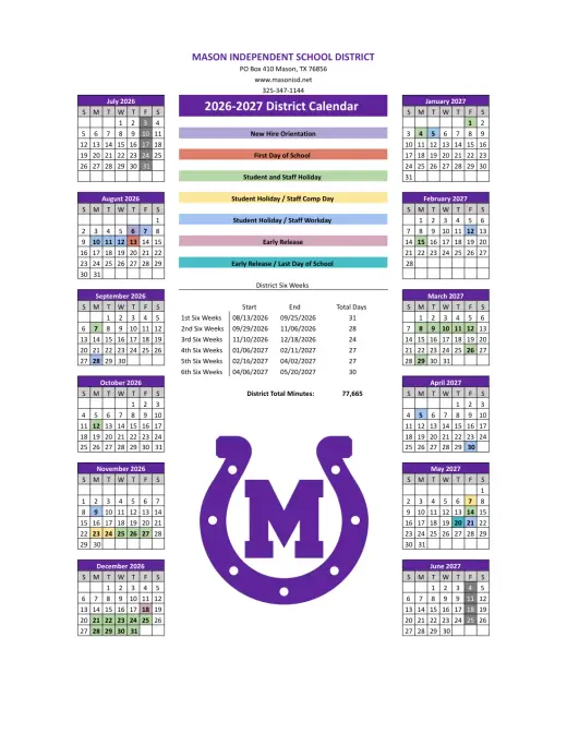 Mason ISD 2026–2027 Academic Calendar Page 1