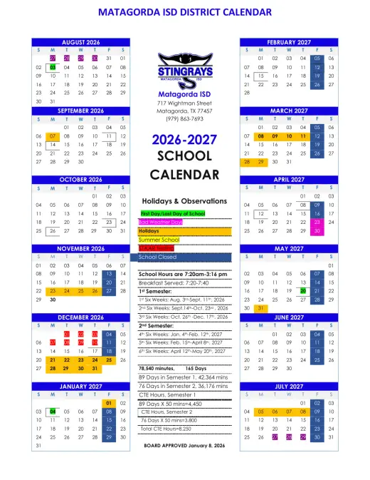 Matagorda ISD 2026–2027 Academic Calendar Page 1