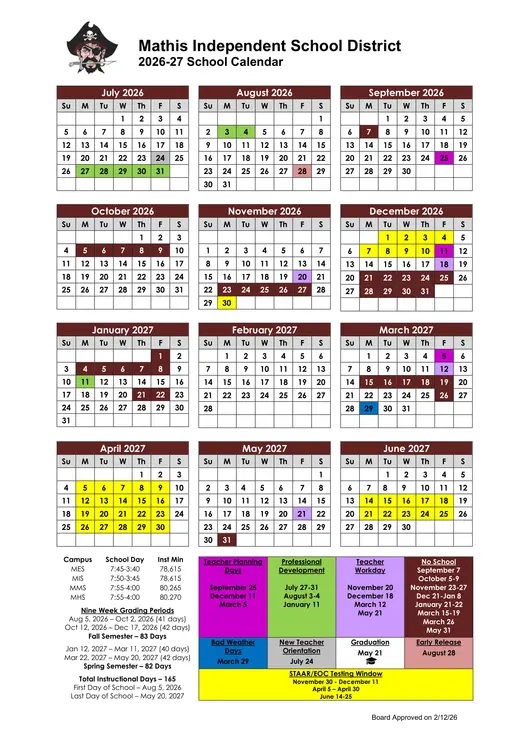 Mathis Independent School District 2026–2027 Academic Calendar