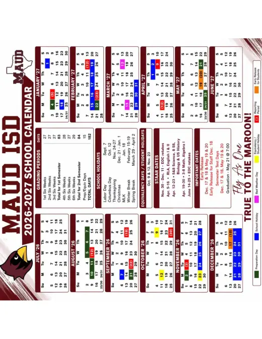 Maud ISD 2026–2027 Academic Calendar Page 1