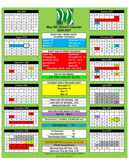 May ISD 2026–2027 Academic Calendar Page 1