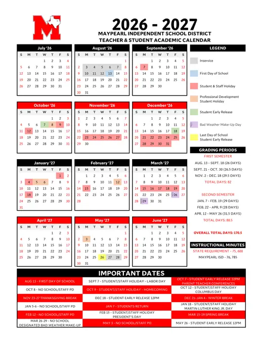 Maypearl Independent School District 2026–2027 Academic Calendar