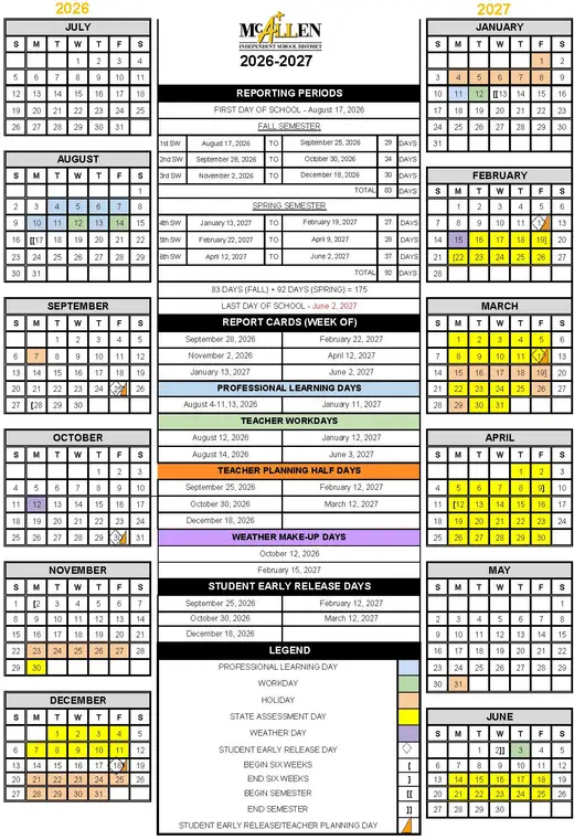 McAllen Independent School District 2026–2027 Academic Calendar