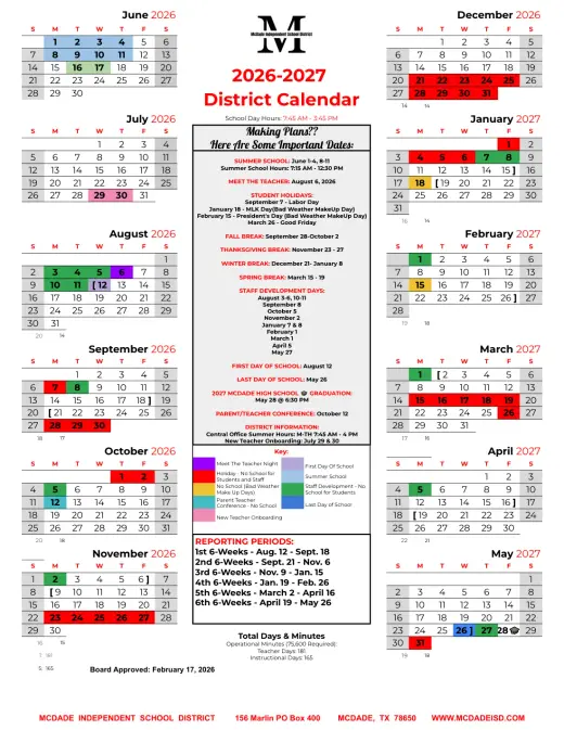 Mcdade ISD 2026–2027 Academic Calendar Page 1