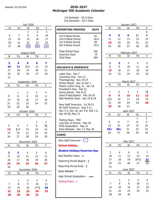 McGregor ISD 2026–2027 Academic Calendar