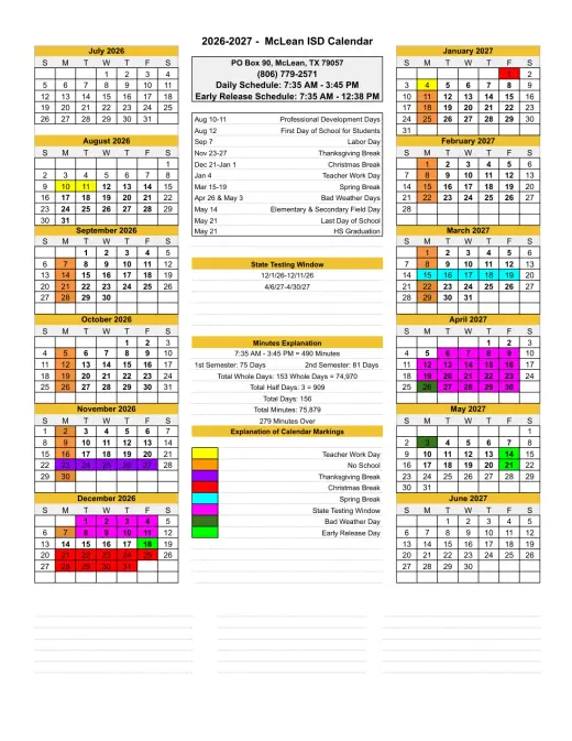 Mclean ISD 2026–2027 Academic Calendar Page 1