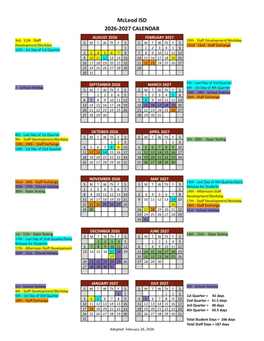 Mcleod ISD 2026–2027 Academic Calendar Page 1