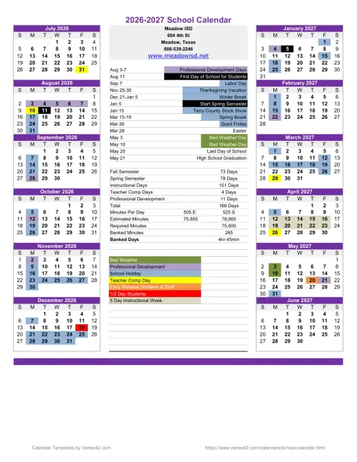Meadow ISD 2026–2027 Academic Calendar Page 1