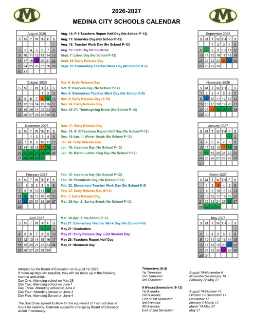 Medina ISD 2026–2027 Academic Calendar Page 1