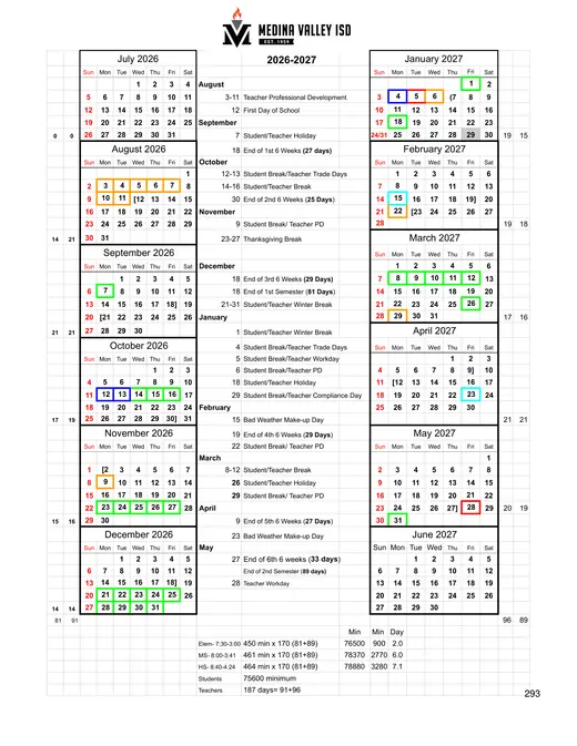Medina Valley ISD 2026–2027 Academic Calendar