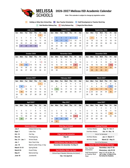 Melissa ISD 2026–2027 Academic Calendar