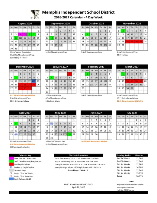 Memphis ISD 2026–2027 Academic Calendar Page 1