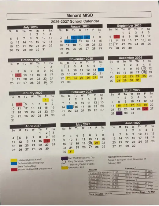 Menard ISD 2026–2027 Academic Calendar Page 1
